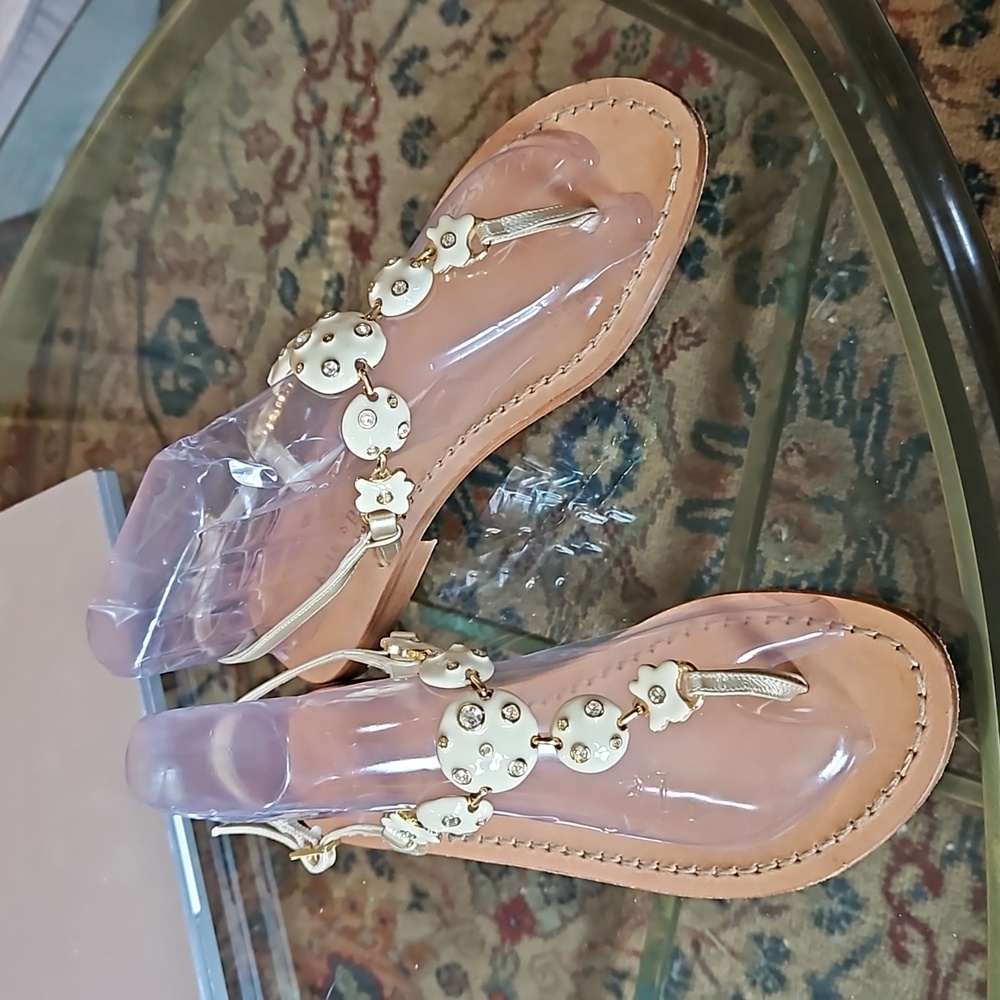 kate spade tan and cream jeweled thong sandals